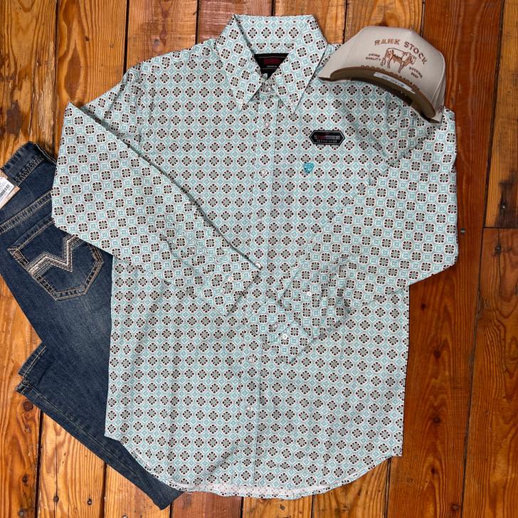 Rock & Roll Men's Teal Medallion Long Sleeve Button Down