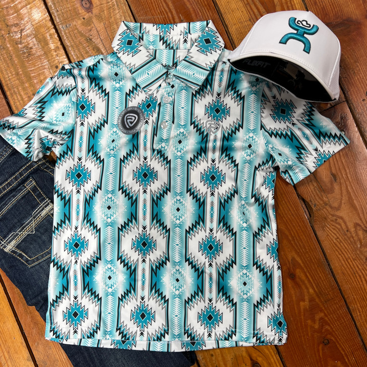 Rock & Roll Boy's Turquoise Southwestern Aztec Polo Shirt BB51T08335