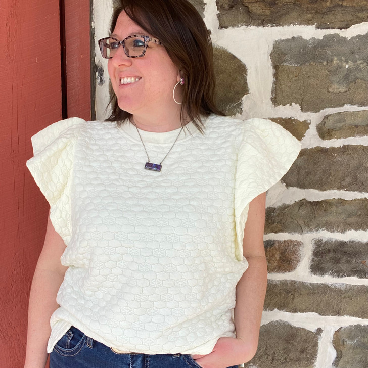 Ladies Off White Textured Flutter Sleeve Blouse