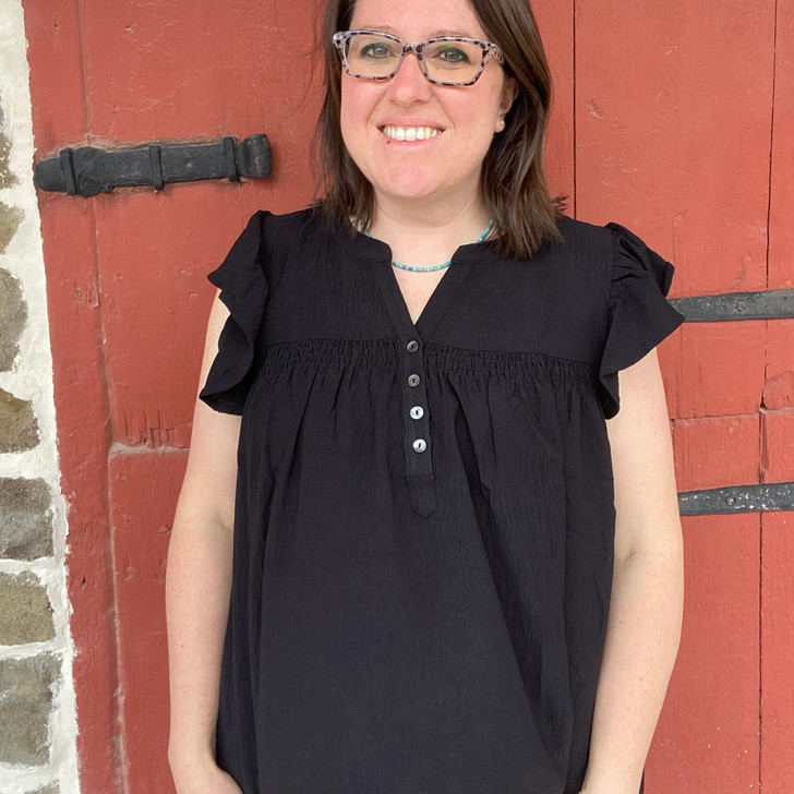 Ladies Black Button Front Flutter Sleeve Blouse