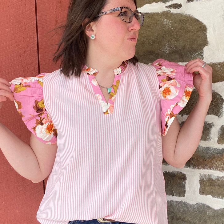 Ladies Pink Stripe Floral Ruffle Sleeve Blouse