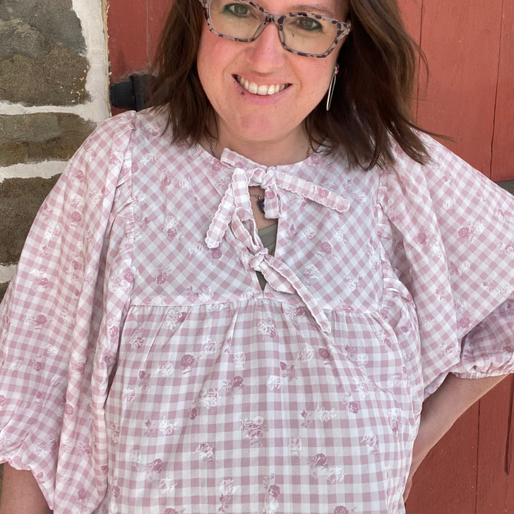 Ladies Pink Gingham Puff Sleeve Bow Tie Blouse