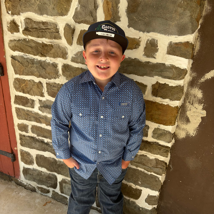 Panhandle Boy's Blue Geometric Long Sleeve Snap Shirt RBN2S08268