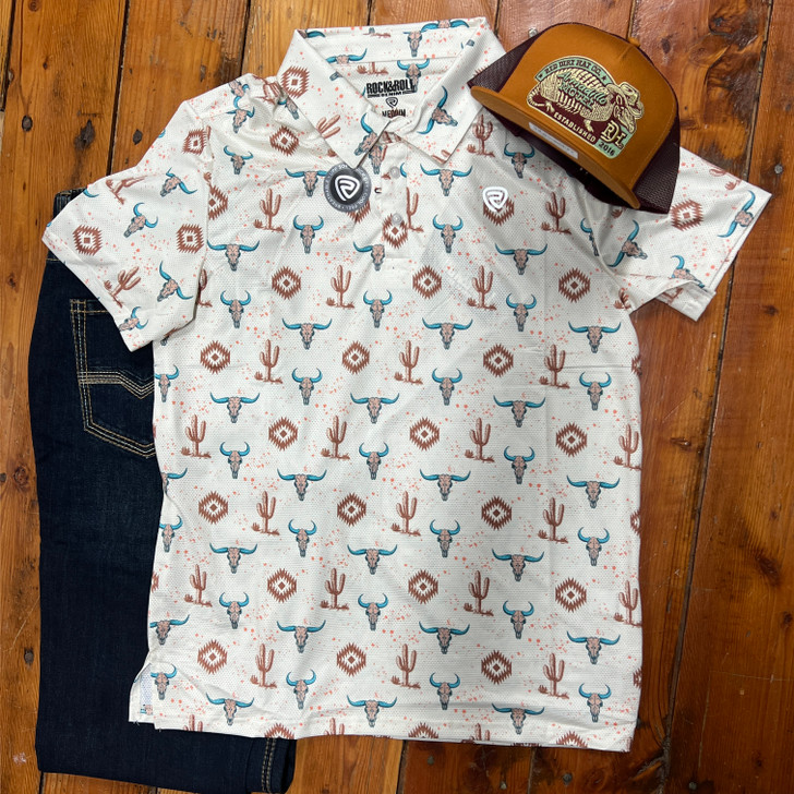Rock & Roll Men's Cream Skull Aztec Printed Mesh Polo BM51T08359
