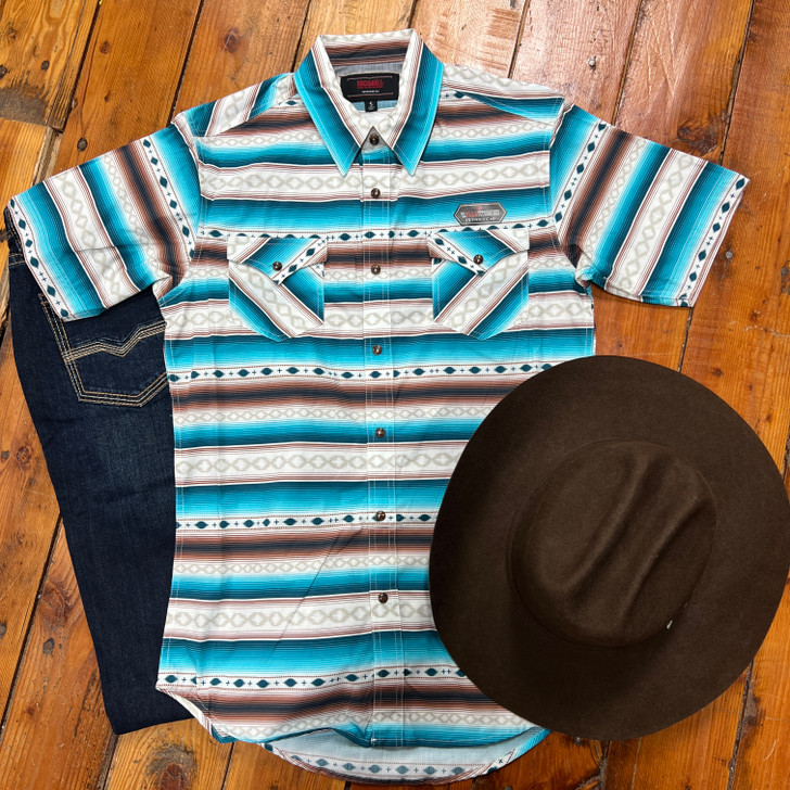 Rock & Roll Men's Teal Serape Striped Short Sleeve Snap Shirt BMN3S08317
