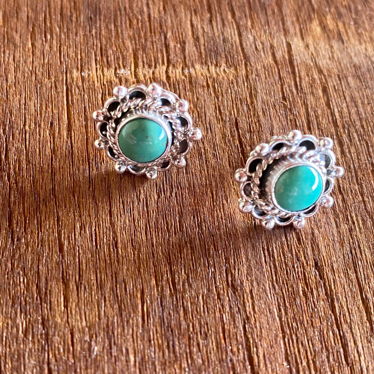 Navajo Handmade Roped Border Kingman Turquoise Earrings