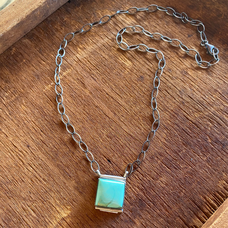 Navajo Handmade Royston Turquoise Square Pendant Necklace