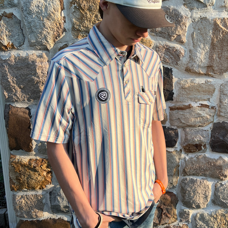 Rock & Roll Men's Cream Striped Western Polo Shirt