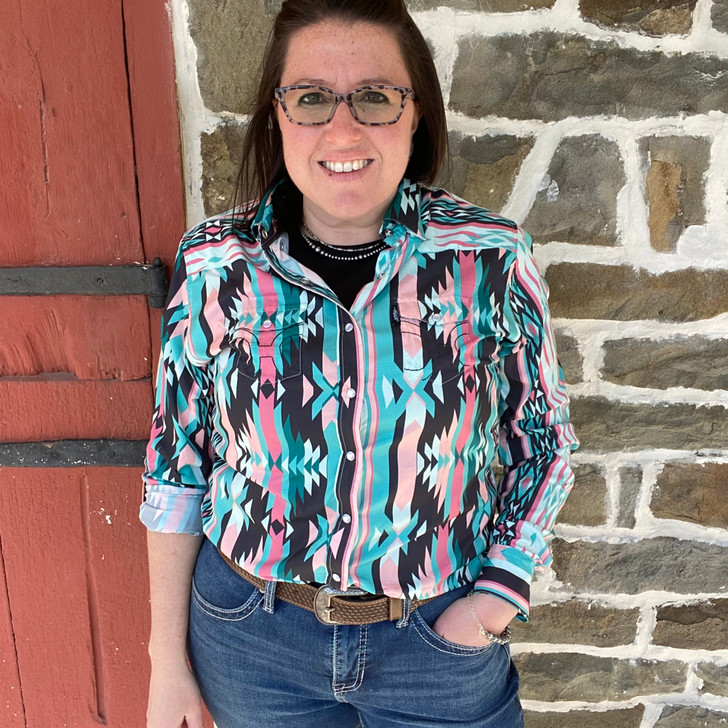 Hooey Ladies "Sol" Pink And Teal Aztec Long Sleeve Snap Shirt HT2617AZBK
