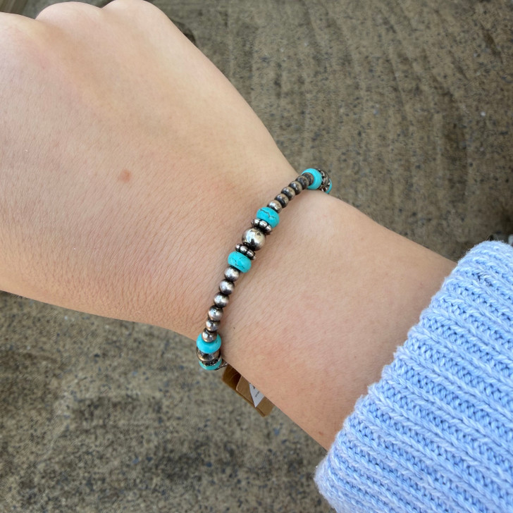 Faux Navajo Pearl with Turquoise Spacers Stretch Bracelet BB04161-SBTQ-4