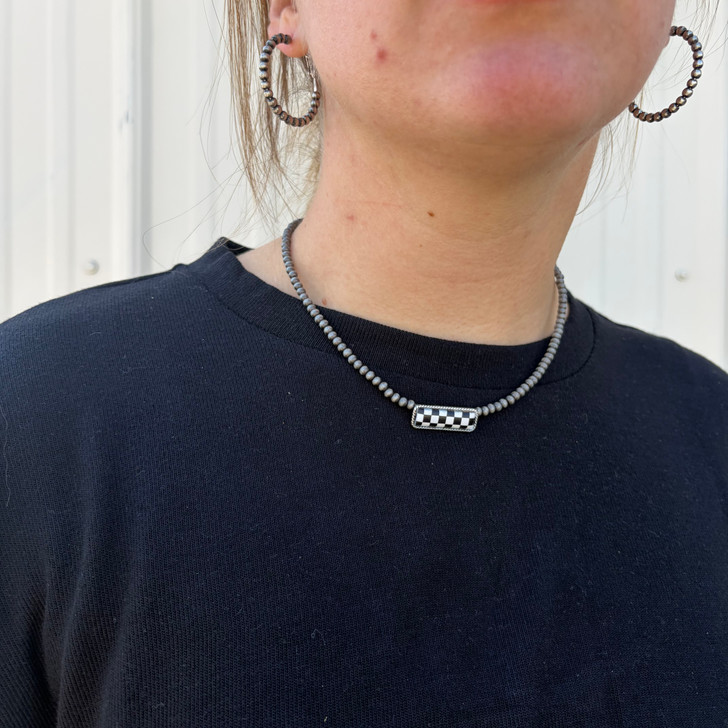 Faux Navajo & Black Checkered Pendant Choker AN4887-SBBK