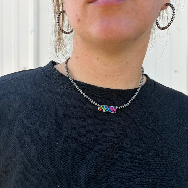 Faux Navajo & Rainbow Checkered Pendant Choker AN4887-SBMT