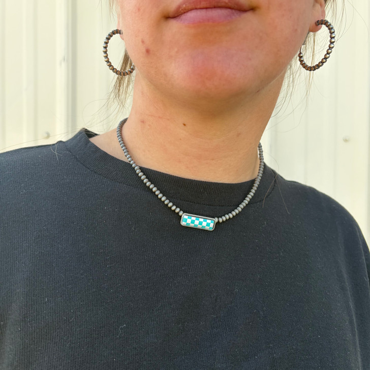 Faux Navajo & Light Blue Checkered Pendant Choker AN4887-SBLB