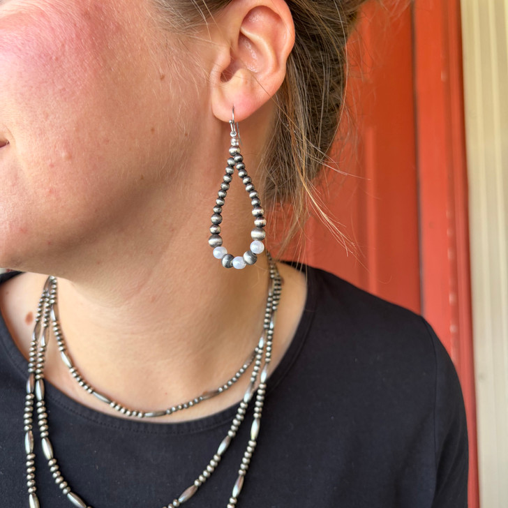 Faux Navajo & White Pearl Teardrop Dangle Earrings AE9171-SBPL