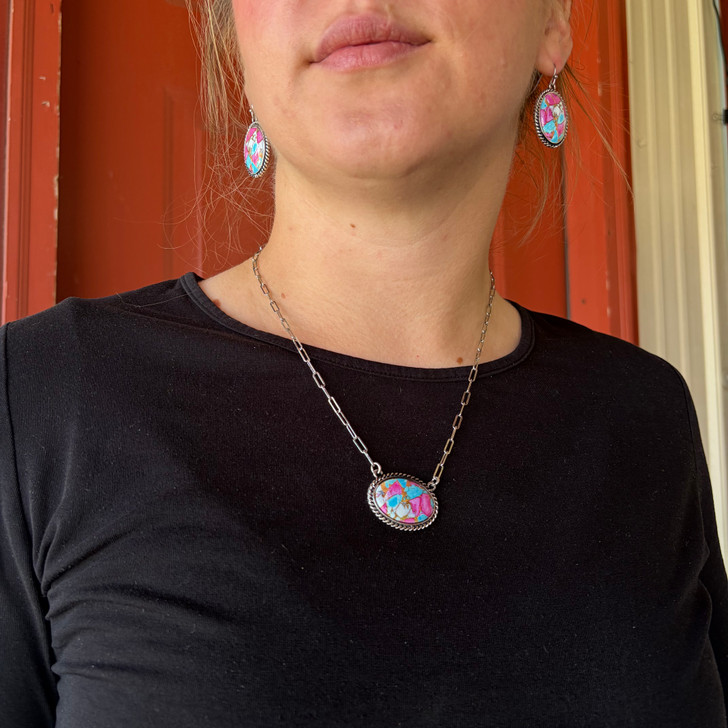 18" Cotton Candy Rope Border Oval Pendant Necklace AN5264-SBCC