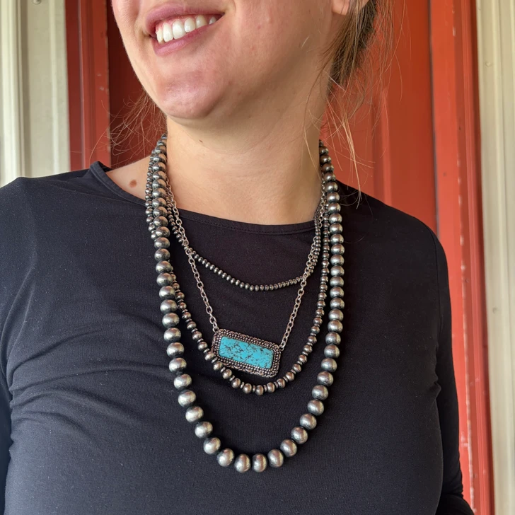 4-Strand Faux Navajo Pearl & Turquoise Bar Pendant Necklace AN5448-SB