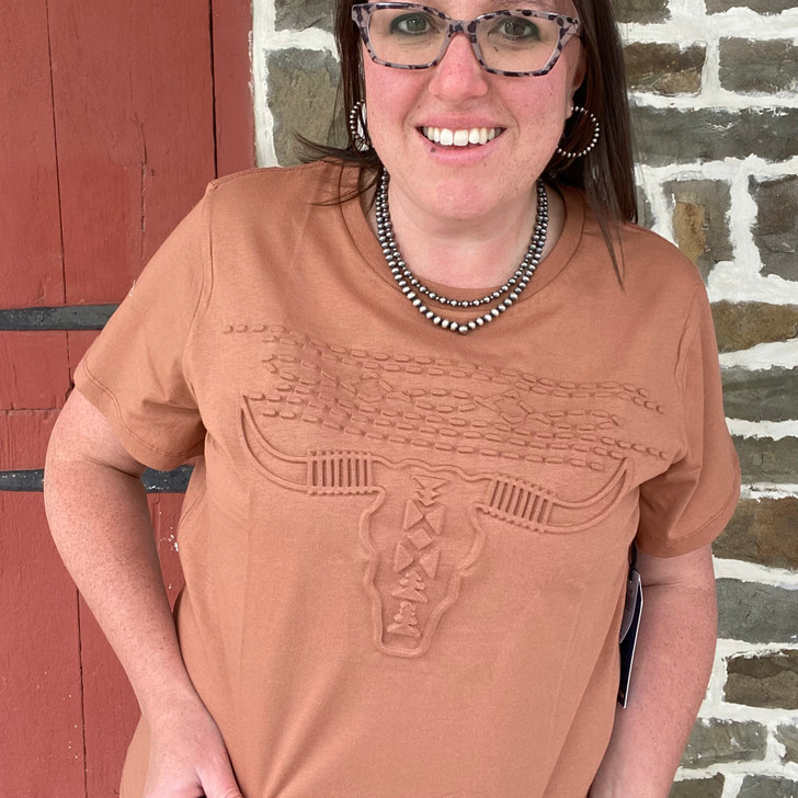 Panhandle Ladies Embossed Skull Tee in Camel - Stockyard Style