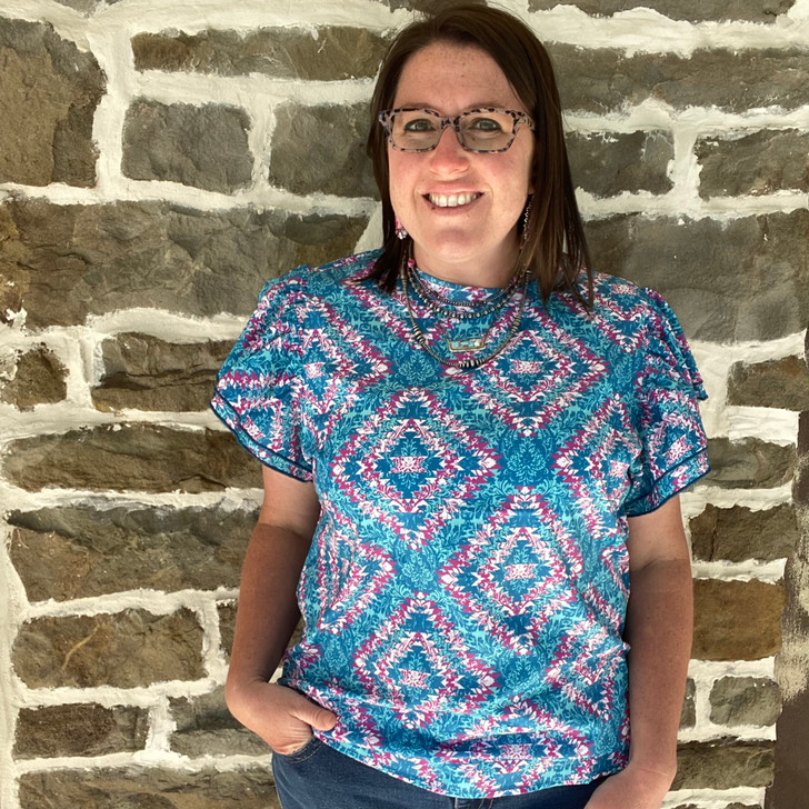 Ladies Jade Aztec Print Flutter Sleeve Blouse