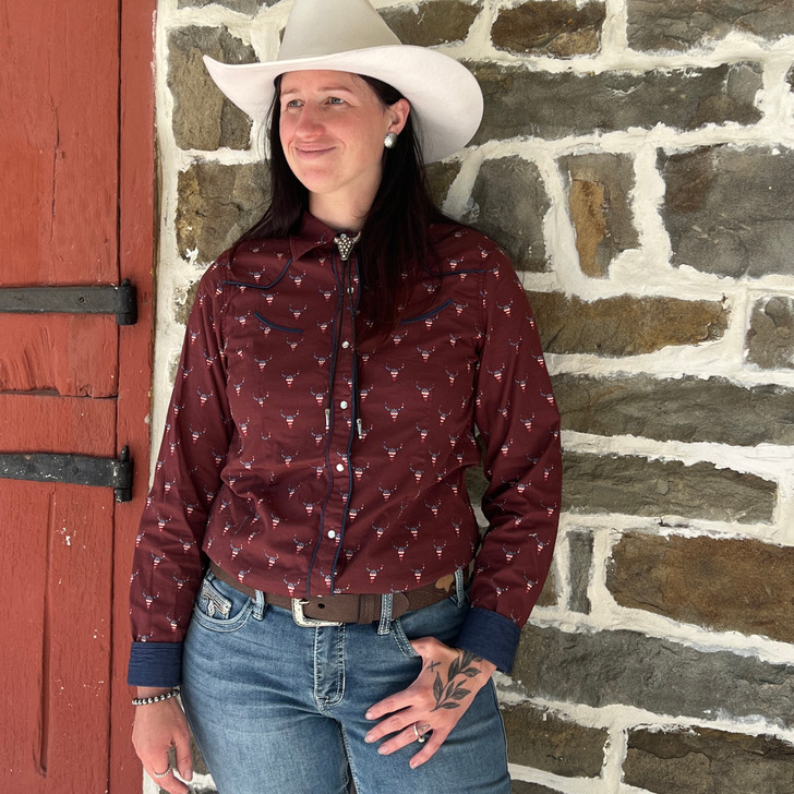 Roper Ladies Wine Skull Long Sleeve Snap Shirt 03-050-0064-1303-WI