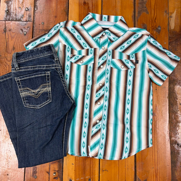 Rock & Roll Boy's Tek Ripstop Stripes Print Short Sleeve Snap Shirt BBN3S08686