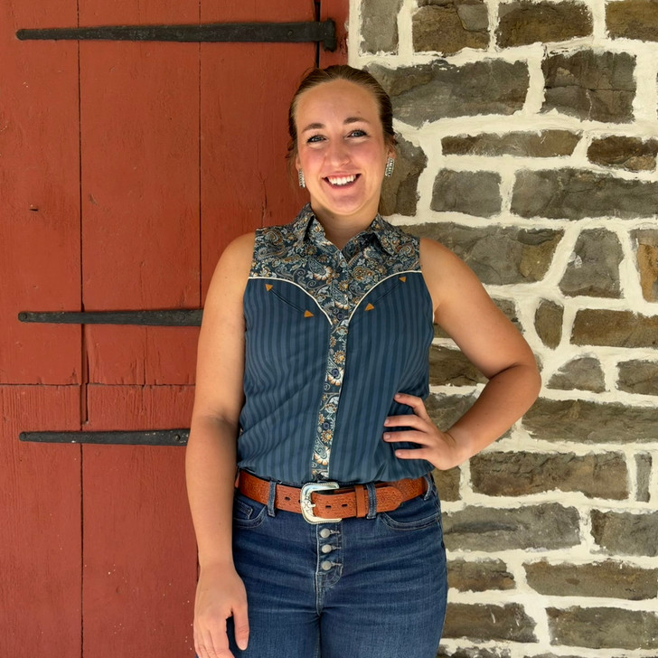 Panhandle Ladies Navy Paisley Print Retro Sleeveless Button Shirt LWB0S08839