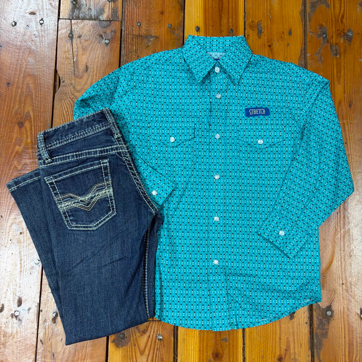 Panhandle Boy's Turquoise Printed Long Sleeve Snap Shirt RBN2S08919