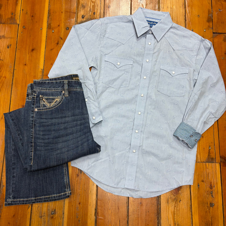 Panhandle Men's Powder Blue Paisley Long Sleeve Snap Shirt RMN2S08916