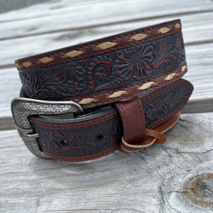 Red Dirt Hat Co. Floral Tooled Laced Edge Leather Belt 24069BE8