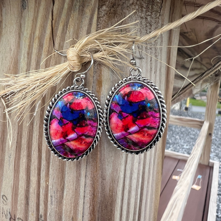 Pink Dahlia Rope Border Oval Dangle Earrings AE9062-SBPD