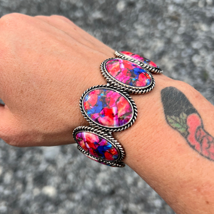 Faux Pink Dahlia Oval Stretch Bracelet