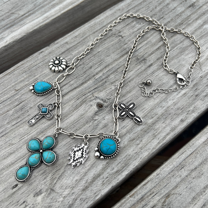 Faux Turquoise Cross Charm Necklace
