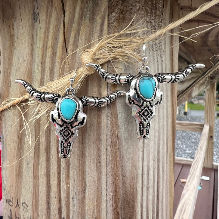 Faux Turquoise Steer Skull Earrings