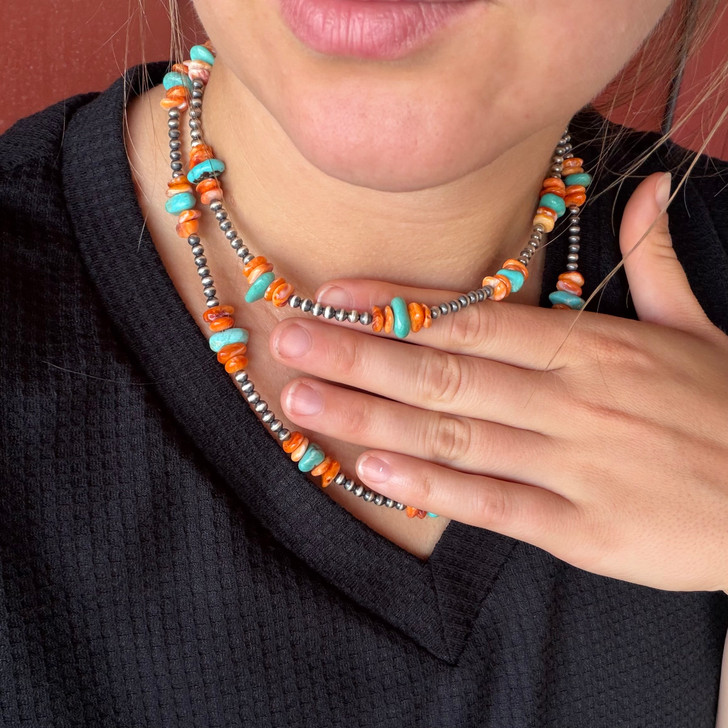 16" Orange Spiny Oyster & Turquoise Chips Sterling Silver Pearl Necklace 139Z-16