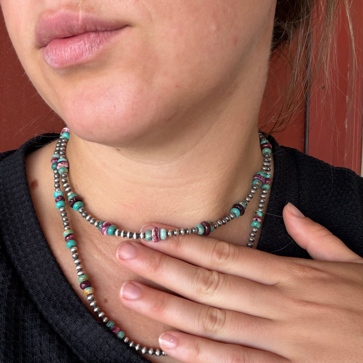 16" Purple Spiny Oyster & Turquoise Sterling Silver Pearl Necklace 109Z-16