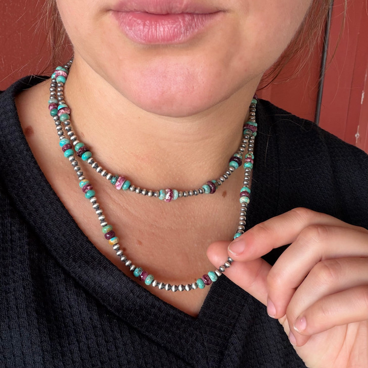 20" Purple Spiny Oyster & Turquoise Sterling Silver Pearl Necklace 109Z-20