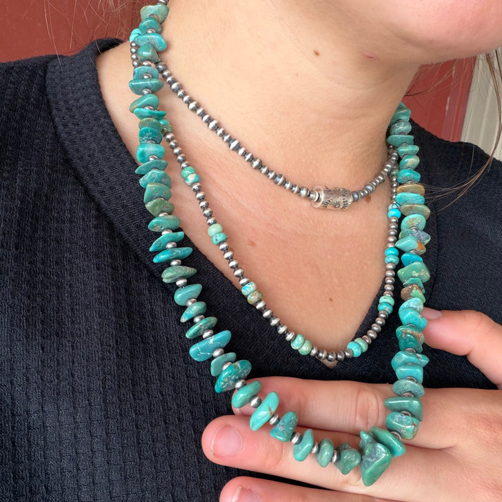 24" Turquoise Disks & 4mm Sterling Silver Pearl Necklace 31Z-24