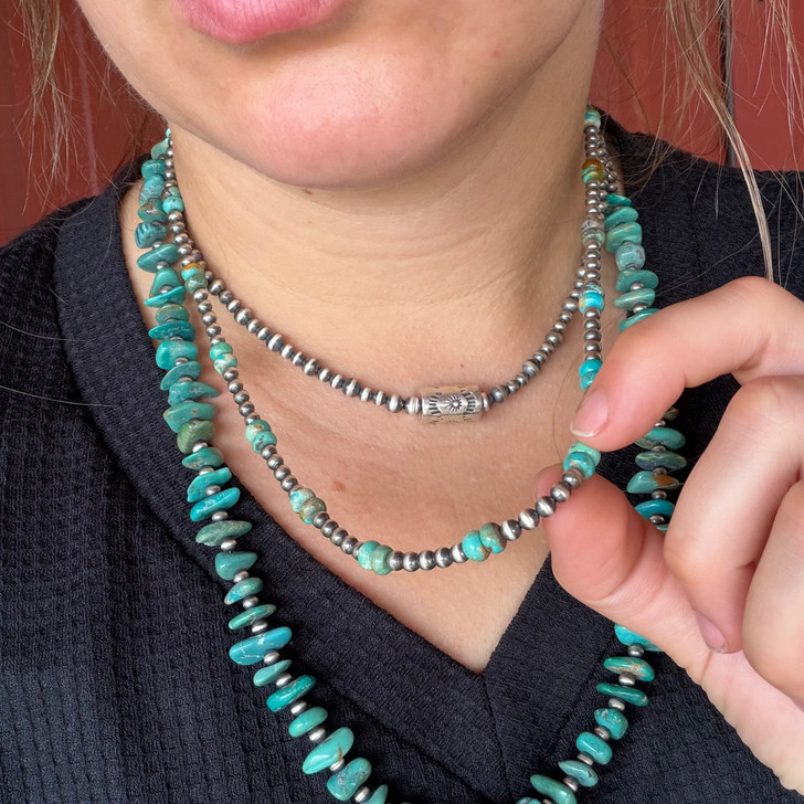 20" Turquoise Double Disks & 4mm Sterling Silver Pearl Necklace 86Z-20