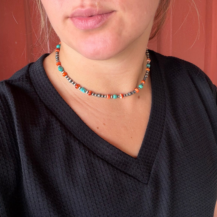 16" Spiny, Turquoise & Sterling Silver Pearl Necklace 10Z-16