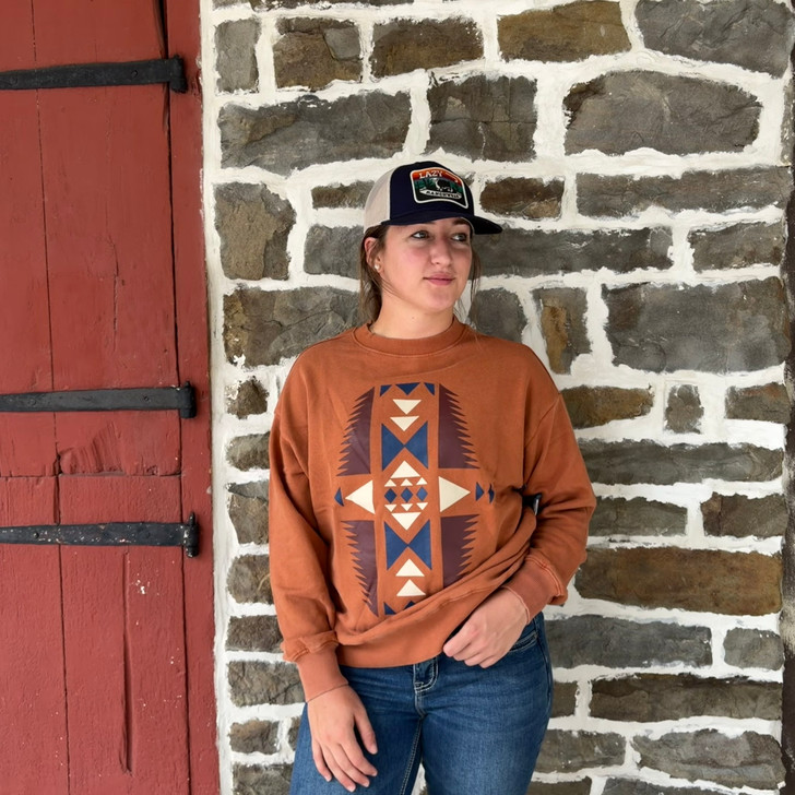 Panhandle Ladies Brass Aztec Crew Neck Lightweight Sweatshirt