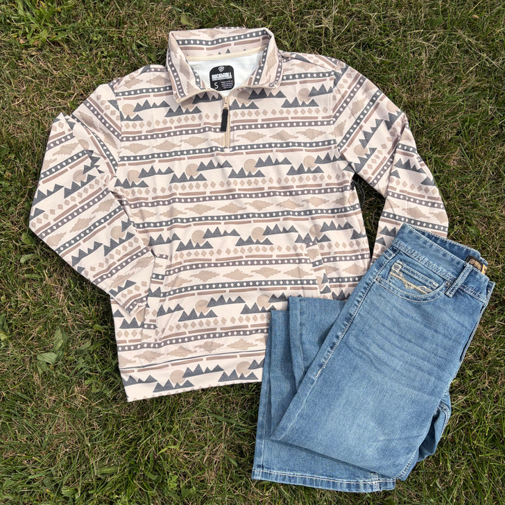 Rock & Roll Men's Tan Mountain Stripe Jersey Quarter Zip Pullover