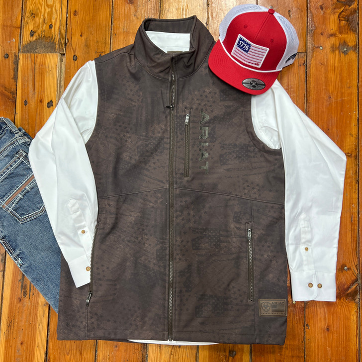Ariat Men's Brown Patriotic Flag Softshell Vest 10079521