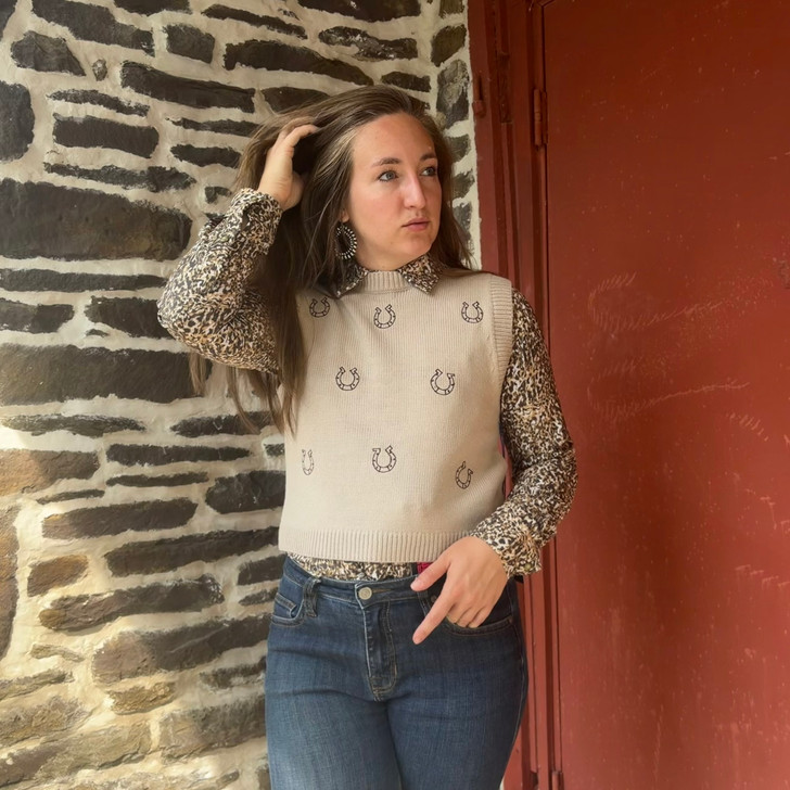 Panhandle Ladies Horseshoe Embroidered Natural Sweater Vest LW38T09692