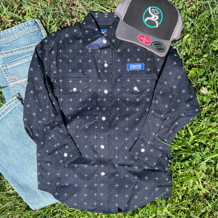 Panhandle Boy's Black North Star Print Long Sleeve Snap Shirt RBN2S09546