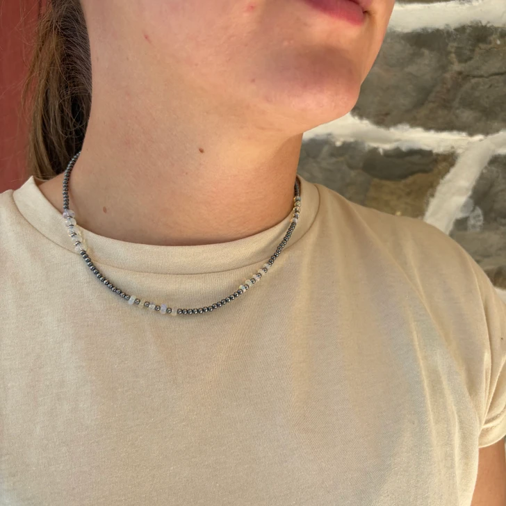 16" White Opal & Sterling Silver Pearl Necklace
