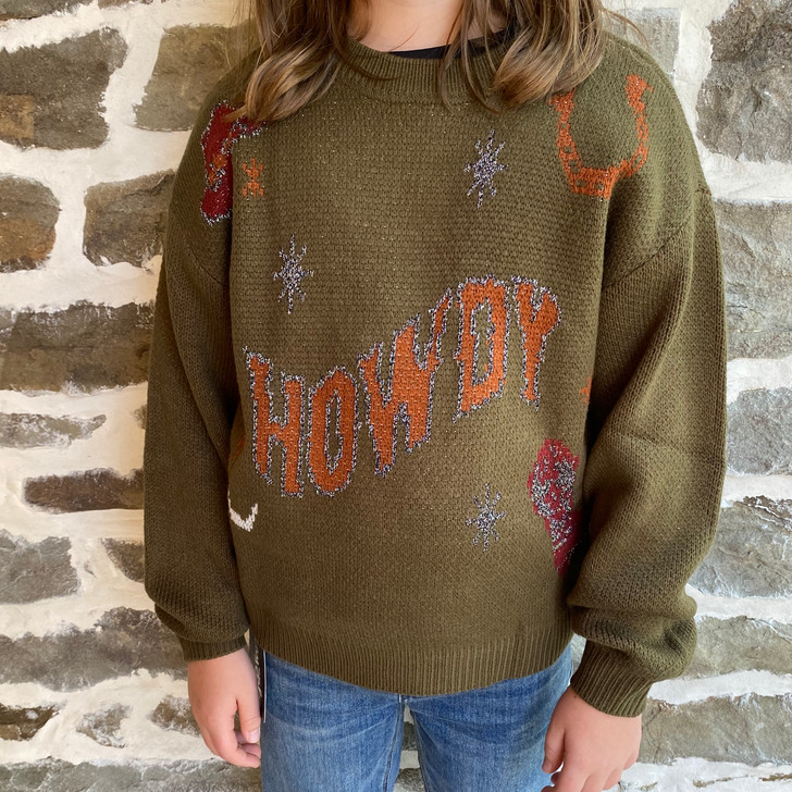 Rock & Roll Girl's Olive Western Howdy Knit Sweater BG91T09385