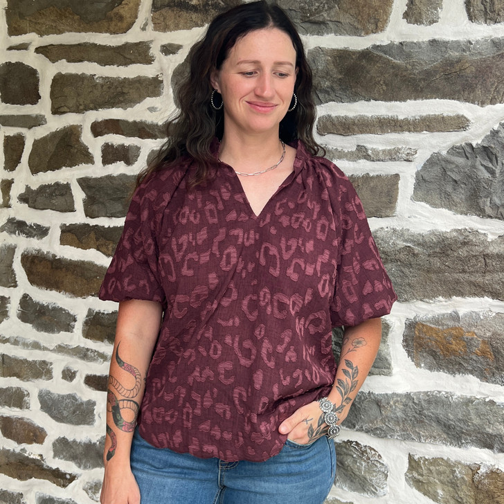 Ladies Maroon Scalloped V Neck 3/4 Sleeve Blouse C6731