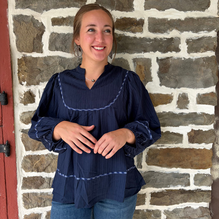 Ladies Navy V Neck Blouse with Contrast Piping WC6259