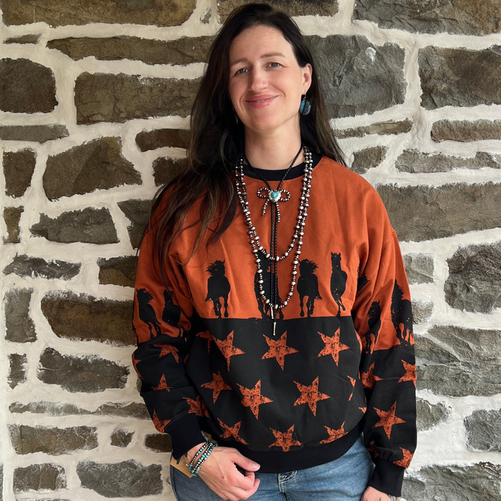 Rock & Roll Ladies Rust Brown Distressed Horse Sweatshirt BW91T09392
