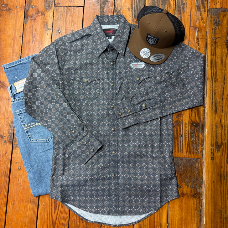 Rock & Roll Men's Dark Grey Medallion Printed Long Sleeve Snap Shirt BMN2S09443