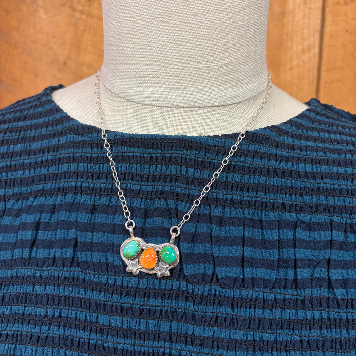 Kingman Turquoise & Spiny Oyster Triple Stone Star Pendant Necklace
